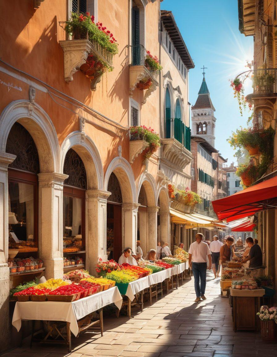 A vibrant street scene in San Marco, showcasing colorful local markets filled with traditional crafts, friendly locals enjoying coffee outside, and lively musicians playing traditional tunes. The backdrop features the stunning architecture of San Marco with its unique designs, and blooming flowers add to the cheerful atmosphere. Soft sunlight filters through, creating a warm ambiance. super-realistic. vibrant colors.