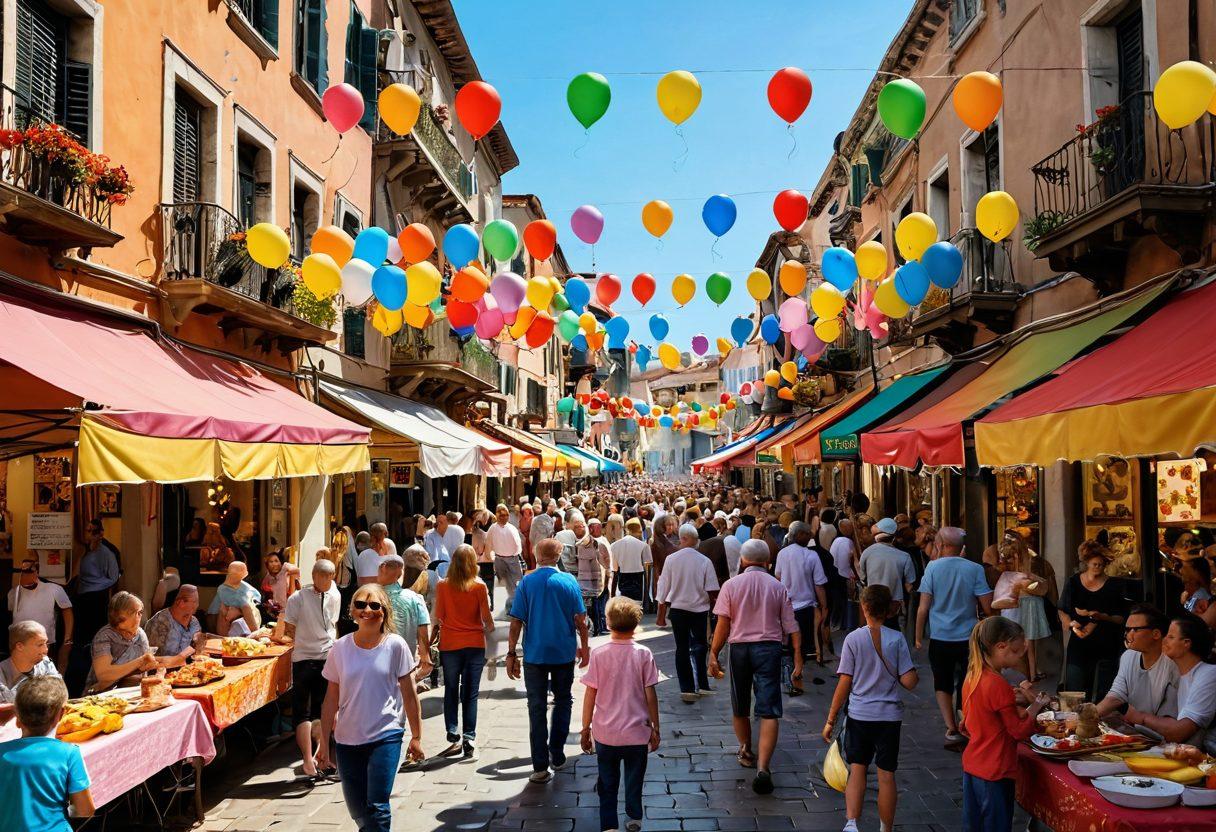 A vibrant street scene in San Marco, filled with smiling residents enjoying an outdoor festival, colorful banners, and delicious food stalls. Include lively musicians playing in the background, children with balloons, and blossoming flowers lining the streets, embodying community joy and togetherness. super-realistic. bright colors. lively atmosphere.