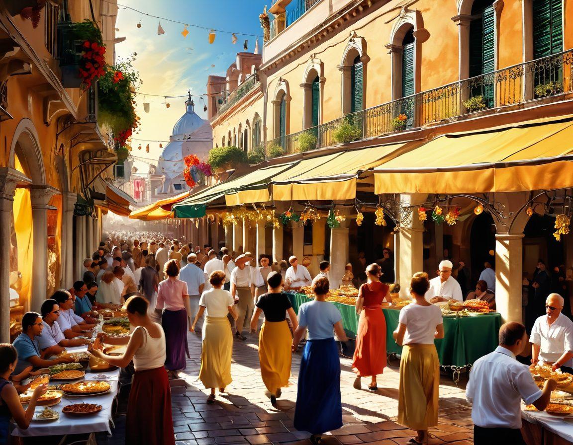 A lively scene depicting a vibrant street festival in San Marco, with colorful stalls, traditional music, and people dancing joyfully. Capture the essence of exceptional lifestyle through elegant architecture in the background and smiling faces enjoying gourmet food. Golden sunlight filters through the vibrant decorations, creating a warm and inviting atmosphere. digital painting. vibrant colors. festive atmosphere.